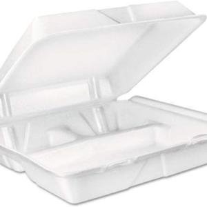 DART 90HT3R Large Foam Carryout Food Container 3-Compartment White 9-2/5x9x3