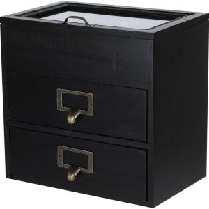 Wooden Storage Box Wooden Desk Organizer with 2 Drawers and 6 Grids Apothecary Drawers Small Wooden Drawers Small Craft Storage Containers Jewelry Holder for women(Glass Black02)