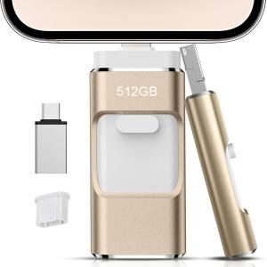 512GB Flash Drive[No App Required] Intended for Phone Tablet Androidphone and Computers, 4 in 1 Photo Stick for Phone Memory Storage Easily Backup Photos Videos（Gold）