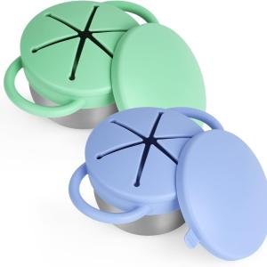 2 Pack Snack Cups for Toddlers Spill Proof - Detachable Stainless Steel Toddler Snack Cups with Silicone Lids & Handles - Dishwasher Safe Baby Snack Containers for Mess-Free Snacking (Blue and Green)