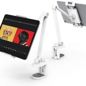 iP Desk Mount, justable Tablet Holder Clamp, 360 degree Rotation, Sturdy Aluminum Tablet Arm Mount for 4.7"-13" iP Pro/Air/Mini, iPhone, Galaxy Tab, for Kitchen, Work, Video Call(White)