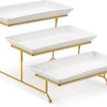 MALACASA 3 Tier Serving Trays for Party, 12 Inch Porcelain White Trays for Serving Food, Dessert Stand with Collapsible Gold Metal Rack