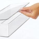 mDesign Office Supplies Desk Organizer Box with Lid for Staplers, Scissors, Pens, Sticky Notes, Highlighters, Tape - 3" Tall, Long, Clear