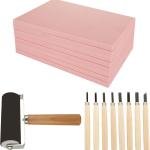 10 Pack Rubber Stamp Making Kit - Block Printing Kit，Linoleum Carving Tools with 8 Type Bles, 8 Pcs Pink Rubber Carving Block and Rubber Brayer Roller