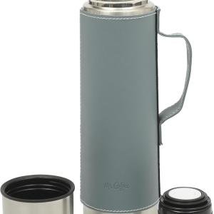 Mr. Coffee Leatherette 23 oz Stainless Steel Thermal Bottle – Double Wall Insulated Flask with Faux Leather Sleeve & Carry Handle, Blue – Leak-Proof Hot & Cold Drink Travel Mug