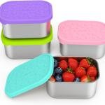 SOPHICO Stainless Steel 14 OZ Snack Containers for Kids，Food Storage Container with Silicone Lid - Perfect 304 Metal Toddler Lunch Box for Daycare and School, Leak Proof (MIX, 4 PACK)