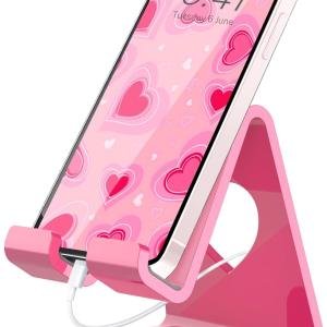 Crpich Acrylic Cell Phone Stand, Portable Phone Holder, Pink Phone Stand for Desk, Compatible with Phone16 15 14 13 12 Pro Max Mini 11 SE, Switch, Android Smartphone, P, Tablet, Desk Accessories