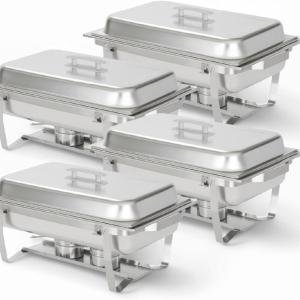 Alpha Living 4 Pack Chafing Dish Full Set – Stainless Steel Catering Chafer with Lids, Pans & Fuel Holders – Buffet Food Warmers for Parties, Events & Weddings – Alpine Gray Handles