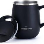 GRANDTIES Insulated Coffee Mug with Handle - Sliding Lid for Splash-Proof 16oz Wine-Glass Shape Thermal Tumbler with Double Walled Vacuum Stainless Steel to Keeps Beverages Hot or Cold-Black