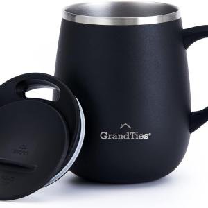 GRANDTIES Insulated Coffee Mug with Handle - Sliding Lid for Splash-Proof 16oz Wine-Glass Shape Thermal Tumbler with Double Walled Vacuum Stainless Steel to Keeps Beverages Hot or Cold-Black