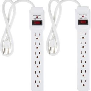 Basics Surge Protector Power Strip, 6-Outlet with 200J Protection, 2ft Extension Cord, Rectangle, White (2 Pack)