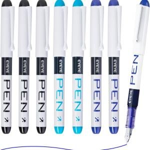 EYEYE Disposable Fountain Pens, 8 Pack 3 Colors Fine Point Pens Stainless Steel Nib, Fountain Pens Smooth Writing for Journaling, Drafting, Sketching, Doodling & Office Supplies