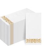 Goodluck 100-Pack Linen-Feel Disposable Guest Towels – Soft and Absorbent Paper Hand Towels for Bathroom or Kitchen – Elegant White Napkins with Gold Design for Parties, Weddings, Dinners Events