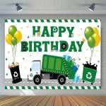 7x5ft Happy Birthday Garbage Truck Backdrop Waste Management Balloons Green Black Rubbish Truck Trash Can Background Party Decorations Cake Table Banner Props BJOKEM0131