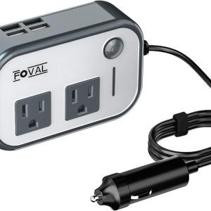200W Car Power Inverter, FOVAL 12V DC to 110V AC Car Inverte with 4 USB Ports Car Outlet apter, Power Inverter for Vehicles, Car Plug apter Outlet for Laptop Computer Charger (Gray)