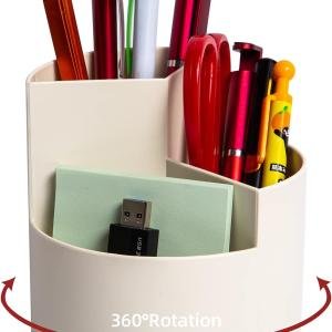 Desk Pencil Pen Holder, 3 Slots 360-Degree Spinning Organizers, Desktop Storage Stationery Supplies, Cute Cup Pot for Office, School, Art Supply, Kids - White