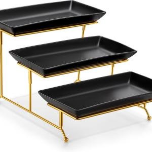 MALACASA 3 Tier Serving Trays for Party, 12 Inch Porcelain Black Trays for Serving Food, Dessert Stand with Collapsible Gold Metal Rack