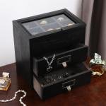 Wooden Storage Box Wooden Desk Organizer with 2 Drawers and 6 Grids Apothecary Drawers Small Wooden Drawers Small Craft Storage Containers Jewelry Holder for women(Glass Black02)