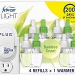 Febreze Plug In Air Freshener, Odor-Fighting Scented Oil Starter Kit, Air Fresheners for Home and Bathroom and Kitchen, Long Lasting for Strong Odors, Bamboo Scent, Warmer + 4 Refill