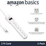 Basics Surge Protector Power Strip, 6-Outlet with 200J Protection, 2ft Extension Cord, Rectangle, White (2 Pack)