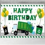 7x5ft Happy Birthday Garbage Truck Backdrop Waste Management Balloons Green Black Rubbish Truck Trash Can Background Party Decorations Cake Table Banner Props BJOKEM0131
