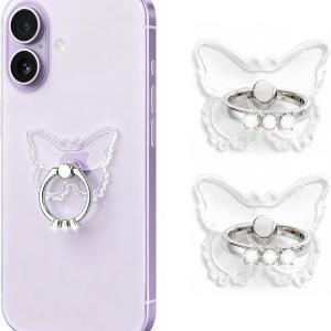 2PcsTransparent Phone Ring Holder Grip, Clear Butterfly Cell Phone Ring Holder Stand with Diamonds,360°Rotation Finger Grip Ring Kickstand Compatible with Most Smartphones,Tablets and Case