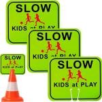 Geetery 3 Pcs Slow Down Kids at Play Sign Bulk for Street Double Side Children Playing Traffic Ro Cone Top for Street Neighborhoods Park Sidewalk Driveway, 12.6 x 10.4(Green)