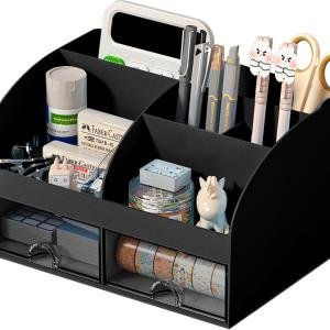 Desk Organizer with 6 Compartments and 2 Drawers, Plastic Makeup Organizer, Pen Holder for Desktop Storage, Desk Organization for School, Home, Office Supplies (Black)