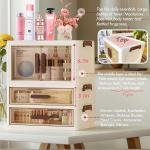 A stackable desktop organizer with drawers and compartments, ideal for storing cosmetics, beauty tools, jewelry, and school supplies in a student dorm. Features a convenient magnetic door handle.