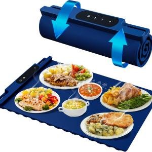 OMEO Food Warming Mat - Electric Warming Tray with 3 Temperature Settings and 1-4 Hours Timer, Full Surface Graphene Food Warmer, Premium Rollable Silicone Heating Mat Food, Gatherings, Parties(Blue)