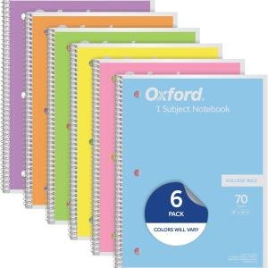Oxford Spiral Notebook, 1 Subject, College Ruled Paper, 8 x 10-1/2 Inch, Pastel Pink, Orange, Yellow, Green, Blue and Purple, 70 Sheets (63756), Set of 6