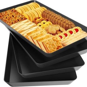WOWBOX 4 pcs Serving Tray for Entertaining, Serving Platters for Snacks, Fruit, Cookies, Dessert, Reusable Plastic Trays for Serving Food and Pantry Organization in Kitchen & for Parties, (Black)