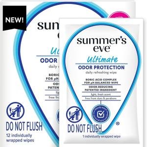 Summer's Eve Ultimate Odor Protection Daily Feminine Wipes, Gentle pH-Balanced Formula with Boric Acid Cleanses & Removes Vaginal Odor, Individually Wrapped Body Wipes, 12 Count