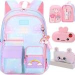 Rainbow Backpack For Girls Kids,Cute Student School Backpack With Pen Bag,Aesthetic Starry Rainbow Laptop Travel Bag