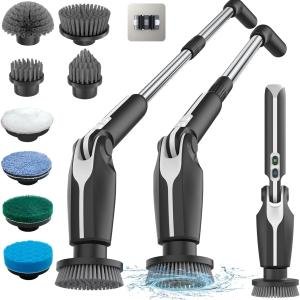 Leebein Electric Spin Scrubber, Shower Scrubber with 4 justable Angles and 8 Brush Hes, Electric Scrubber with Long Handle & Remote Controller, Cleaning Brush for Bathroom, Tub, Floor (Black)
