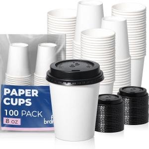 Fit Meal Prep 100 Pack 8 oz Disposable Coffee Cups with Lids, Premium To Go Paper Cups, Leak Proof Hot Coffee Cups with Lids for Travel, Office, Hot/Cold Beverages (Black Lids)