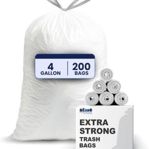 Plasticplace 4 Gallon White Drawstring Trash Bags, 200 Count (Pack of 1) – 0.7 Mil Leak-Proof Garbage Liners for Small Trash Can, Bathroom, Kitchen, Office, and Car Use