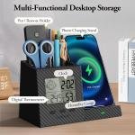 TopMe Wireless Charger with Pen Remote Holder, Multi-Functional Leather Nightstand Organizer Fast Charging Station, Digital Thermometer and Humidity Gauge, Desktop Storage (Black Carbon Fiber