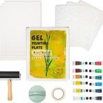 BuzzBright Gel Printing Plate kit, Complete Printmaking Set with 5”X7” Gelatin Plate, Brayer, Printmaking Paper, Acrylic Paint and Essential Tools for Mixed Media Art, Monoprinting, Card Making