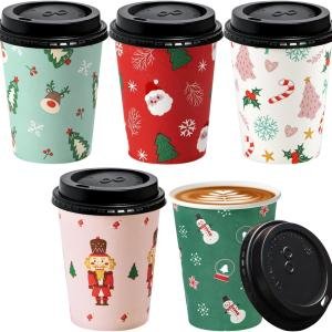 Fit Meal Prep 50 Pack 8 oz Christmas Disposable Coffee Cups with Lids, Premium To Go Paper Cups, Leak Proof Hot Coffee Cups with Lids for Travel, Office, Hot/Cold Beverages (Black Lids)