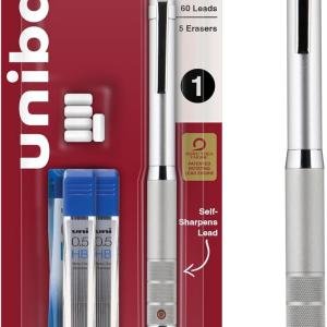 Uniball Kuru Toga Elite Mechanical Pencil Starter Kit with Silver Barrel and 0.5mm Tip; 60 Le Refills; and 5 Pencil Eraser Refills; HB #2; Office Supplies; School Supplies; Drafting