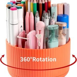 Desk Pencil Pen Holder, 5 Slots 360°Degree Rotating Pen Organizers for Desk, Desktop Storage Stationery Supplies Organizer, Cute Pencil Cup Pot for Office, School, Home, Art Supply, Orange