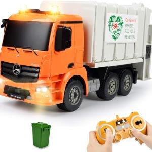 DOUBLE E Benz Licensed Remote Control Garbage Truck Electric Recycling Toy Set with Trash Bin Real Lights Rechargeable Waste Management Trash Truck Toys Gift for Kids