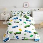Garbage Truck Comforter Set Kids Twin Size Cartoon Car Bedding Set for Boys Teens Girls Room Decor Child Soft White Green Blue Quilt Set Waste Management Recycling Vehicles Duvet Insert 2Pcs