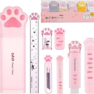 9 Pcs Cute Cat Paw Stationery Set Kawaii School Supplies Including Pencil Sharpener Retractable Eraser Correction Tape Sticky Notes Ruler Mini Scissors Utility Knife for Cat Lovers Students (Pink)