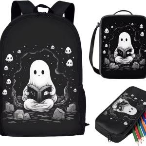 Showudesigns Ghost Backpack for Girls 8-12 Kids' School Bag and Lunch Box Boys Elementary Student Bookbag Cute Lunch Bag School Supplies Pencil Case Black Purse