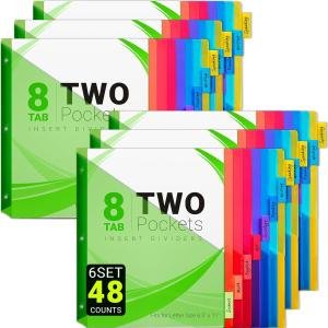 8-Tab Dividers for 3-Ring Binders, 48 Counts 3 Holes Index Dividers with 2 Pockets, Insertable 8 Tabs Binder Divider for 1/2''/1''/2''/3'' inch Binders, 8 Colors (6)