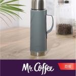 Mr. Coffee Leatherette 23 oz Stainless Steel Thermal Bottle – Double Wall Insulated Flask with Faux Leather Sleeve & Carry Handle, Blue – Leak-Proof Hot & Cold Drink Travel Mug