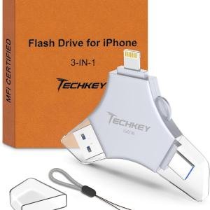 USB 3.0 Flash Drive for iPhone 256GB: MFi Certified 3in1 External Memory Photo Keeper Storage Stick for Picture/Video/Data Saver/Backup High Speed Thumb/Jump/Hard Drive for iP/Android/PC -Grey
