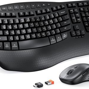 MEETION Ergonomic Keyboard and Mouse Wireless Combo, Wave Keys Natural Typing, 2.4G USB Receiver Wireless Keyboard with Wrist Rest, 4 justable DPI Optical Mouse, Computer/Laptop/Windows/Mac, Black